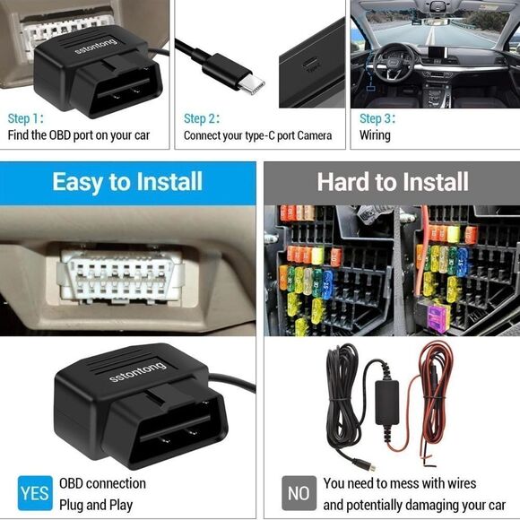 Power Cable For Dash Camera OBD To Type-C USB OBD2 Charger Cable Two Modes NIB - Picture 6 of 7